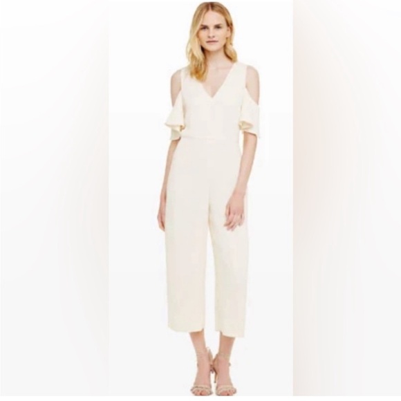 Club Monaco Ivory Lenera Cold Shoulder 70s Inspired Wide Leg Jumpsuit - Picture 3 of 16